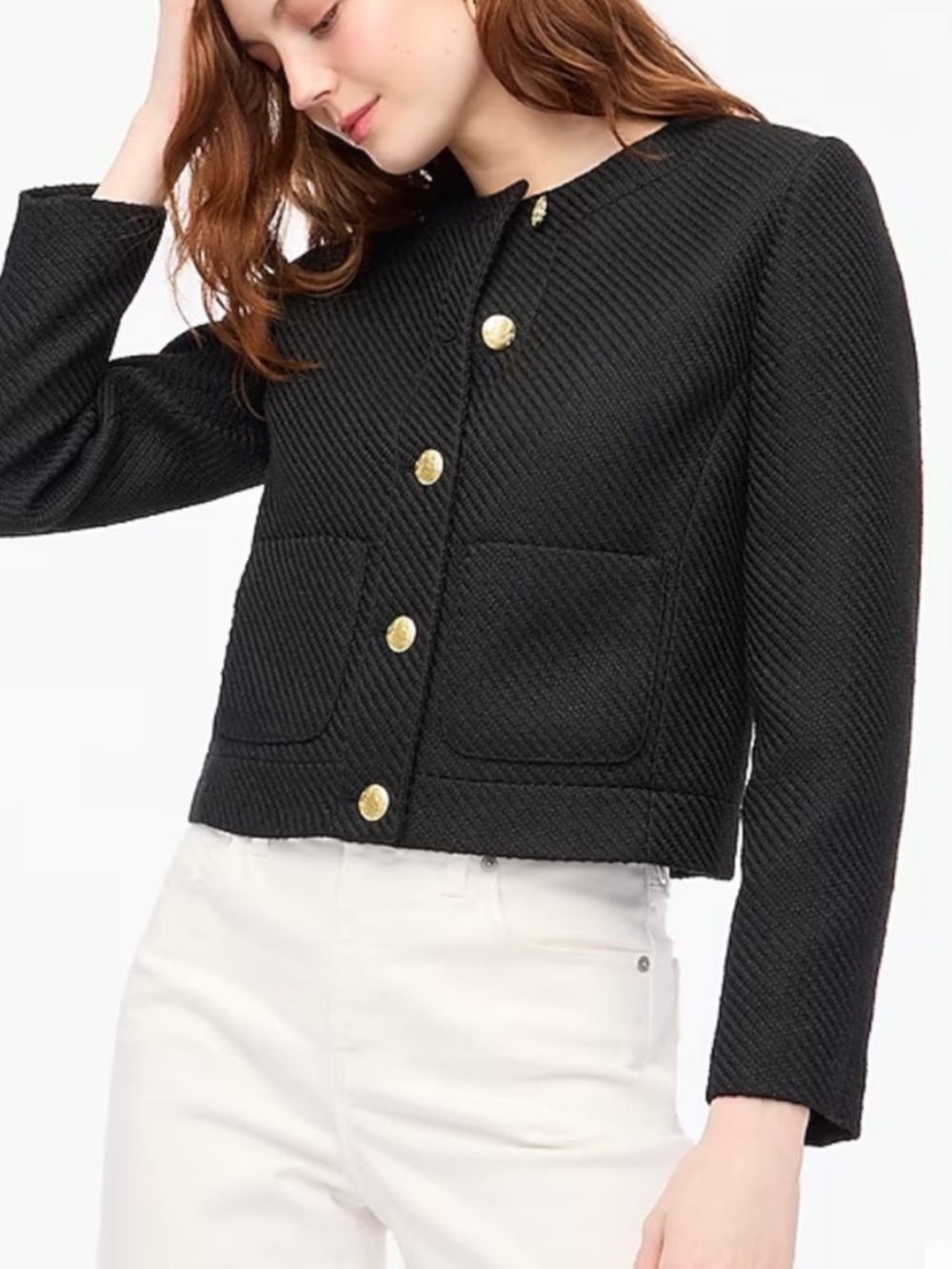NWT J. Crew Factory Black Tweed Round Neck Gold Button Lady Jacket